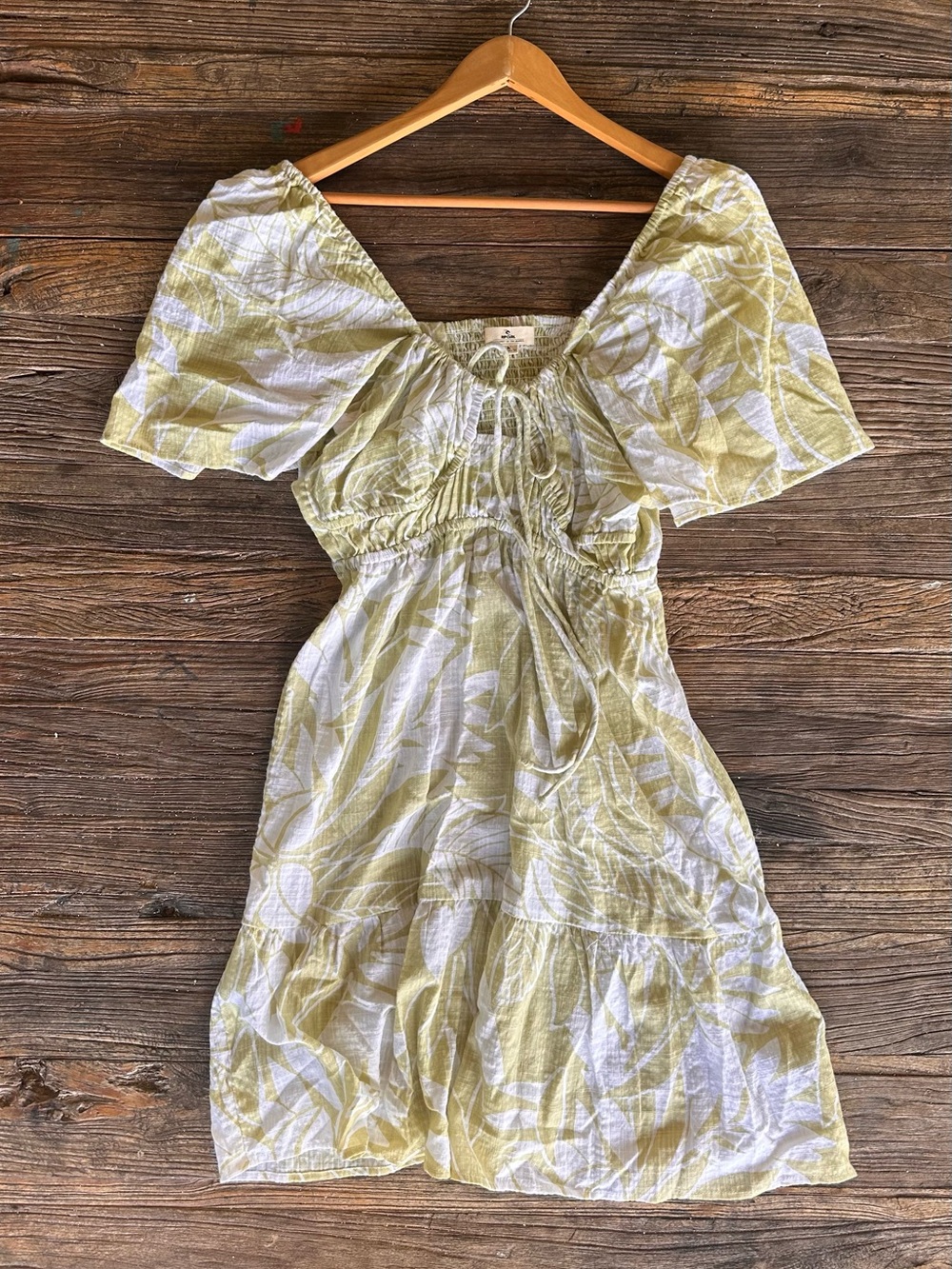 Rip Curl Yellow Leaf-Print Smocked Mini Dress